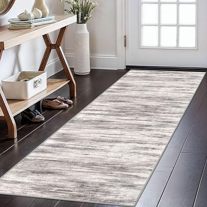 KOZYFLY Modern Abstract Kitchen Runner Rug, 2x6 Washable Rug Runner Non-Slip Soft Striped Hallway Runner Rugs, Grey/Light Beige/Brown Print Carpet Runner for Entryway Bathroom
