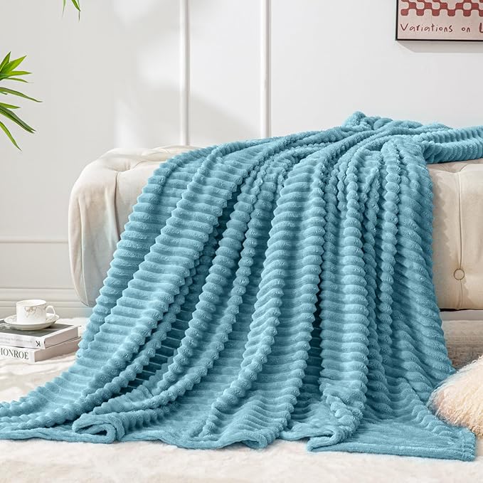 BEDELITE Fleece Throw Blanket for Couch – 3D Ribbed Jacquard Soft and Warm Decorative Fuzzy Blanket – Cozy, Fluffy, Plush Lightweight Washed Blue Throw Blankets for Bed, Sofa, 50x60 inches