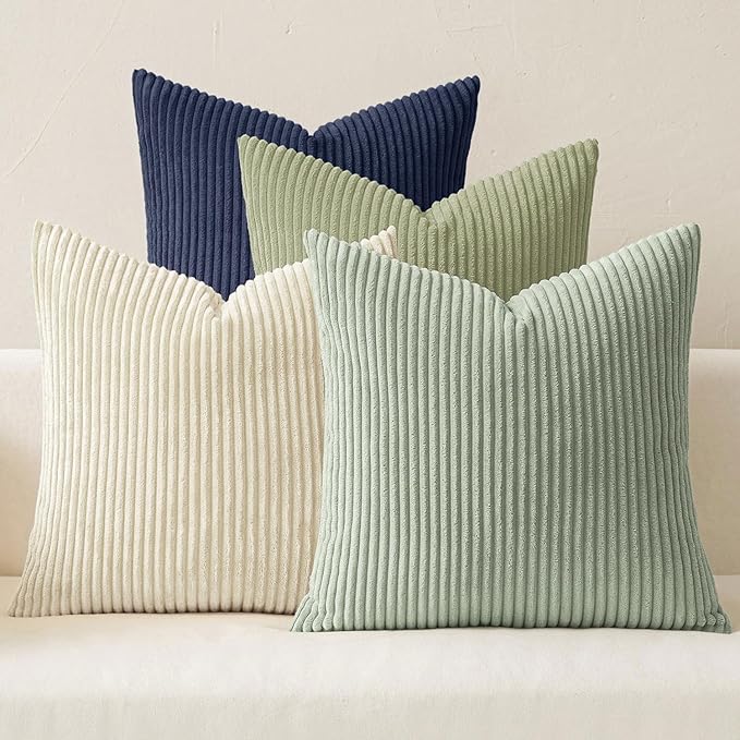 MIULEE Boho Farmhouse Muted Teal Throw Pillow Covers 18x18 Inch Set of 4 Mordern Nordic Cushion Covers Soft Corduroy Spring Home Decor for Couch Bed Sofa Living Room