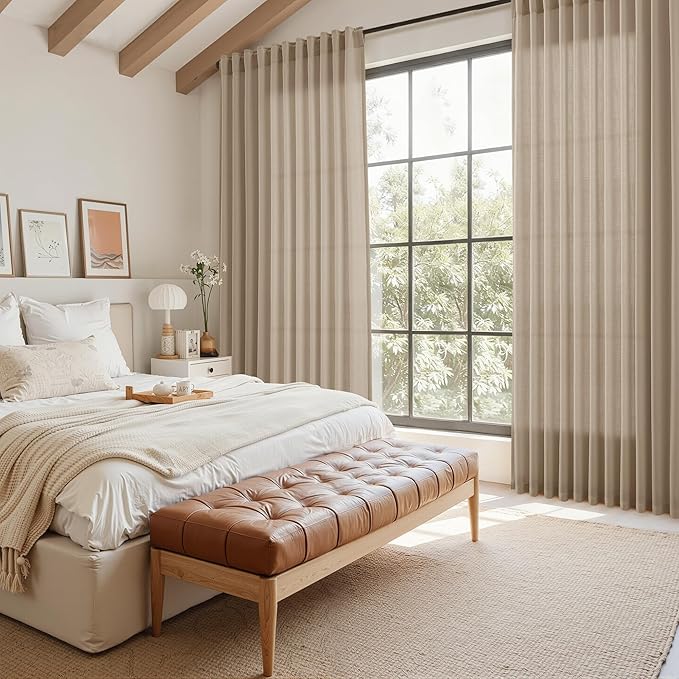 Nanspring Sepia Beige Linen Curtains 96 Inches Long for Living Room Rustic Farmhouse Decor Light Filtering Semi Sheer Curtain Back Tab Neutral Modern Luxury Drapes for Bedroom Office 52x96, 2 Panels
