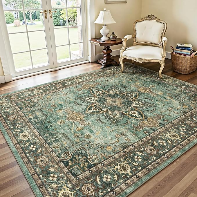Lofus 5x7 Area Rugs for Living Room, Washable Area Rug, Rugs for Bedroom, Kitchen, Vintage Boho Carpet, Soft Non-Slip, Low Pile Large Area Rug for Office Dining Room, Green