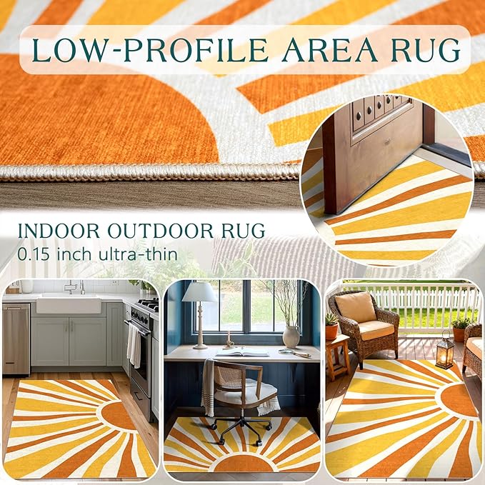 3x5 Boho Entry Rug - Small Washable Indoor Outdoor Mats for Front Door Non-Slip Porch Rug Orange Modern Retro Sun Throw Rugs for Living Room Bedroom Entryway Kitchen Office Porch Decor