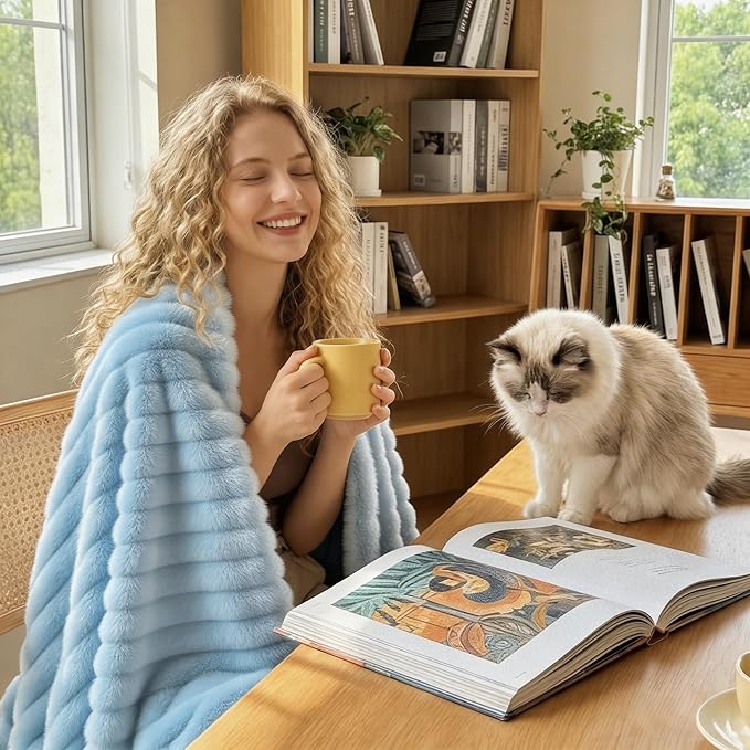 HIMEET Light Blue Ribbed Throw Blanket for Couch - 300GSM Lightweight Soft Fleece Blanket for Women Men, Cozy Blankets for Mothers Gifts, Striped Spring Home Room Decor, Light Blue, 50x60 Inches