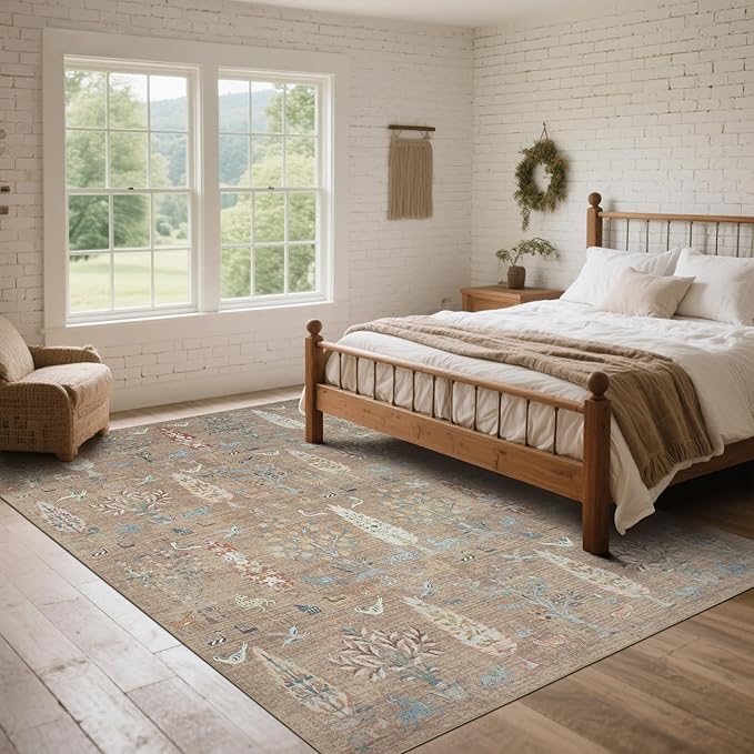 Washable Rugs 8x10 Area Rugs for Living Room,Bedroom,Dining Room-Large Ultra Soft Faux Wool Retro Carpet,Non Slip&Non-Shedding Low Pile Vintage Print Rug for Home Office Dorm Playroom-Terracotta