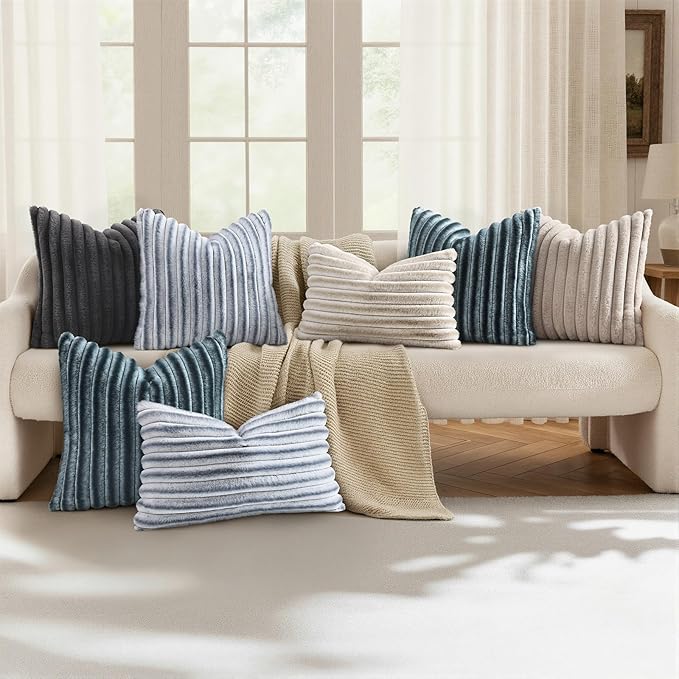 decorUhome Cozy Faux Fur Throw Pillow Covers 22x22 Set of 2 Decorative Soft Plush Striped Modern Farmhouse Boho Couch Euro Sham Pillow Cases with Velvet Back for Sofa Bed Living Roomr, Blue Grey