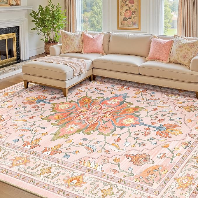 Area Rugs 8'x10' Washable Non-Slip, Floral Vintage Distress Print Pattern Medallion Carpet for Living Room Bedroom Dining Room, Light Pink Colorful