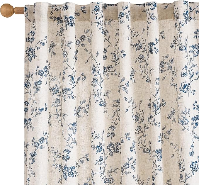 Lazzzy Blue Floral Linen Curtains 84 Inch Length Farmhouse Curtain Back Tab Drapes for Living Room Bedroom Light Filtering Vintage Rod Pocket Curtains, 2 Panels, Blue on Beige