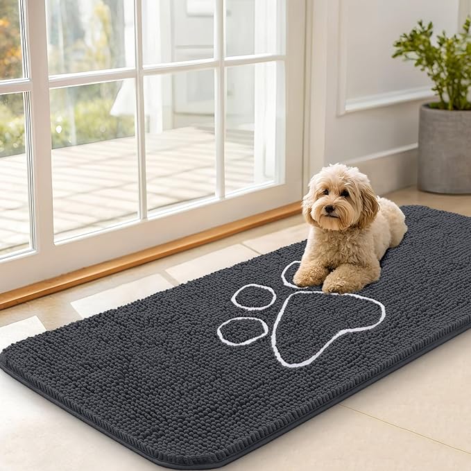 OLANLY Dog Door Mat for Muddy Paws 47x20, Paw Print Design, Absorbs Moisture and Dirt, Absorbent Non-Slip Washable Doormat, Quick Dry Chenille Mud Mat for Dogs, Entry Indoor Entryway Carpet, Dark Grey