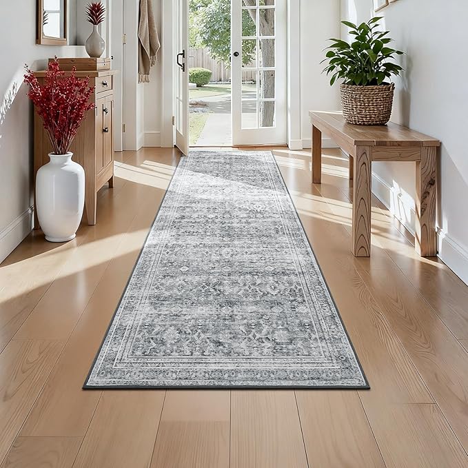 Lofus 2X 6 Area Rug for Hallways,Grey Washable Runner Rugs with Non Slip Rubber Backing, Low Pile Soft Carpet Runner for Kitchen Bathroom Bedroom Laundry