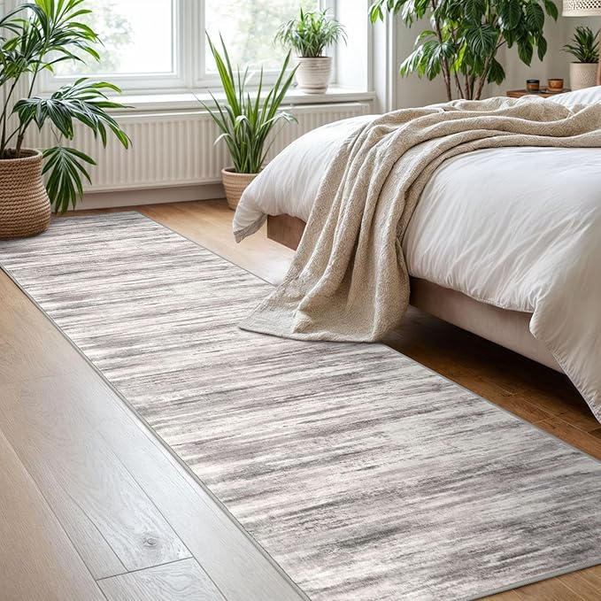 KOZYFLY Modern Abstract Washable Rug Runner 2x8 Hallway Runner Rug Non-Slip Soft Kitchen Runner Rugs, Print Grey/Light Beige/Brown Striped Carpet Runner for Entryway Bathroom