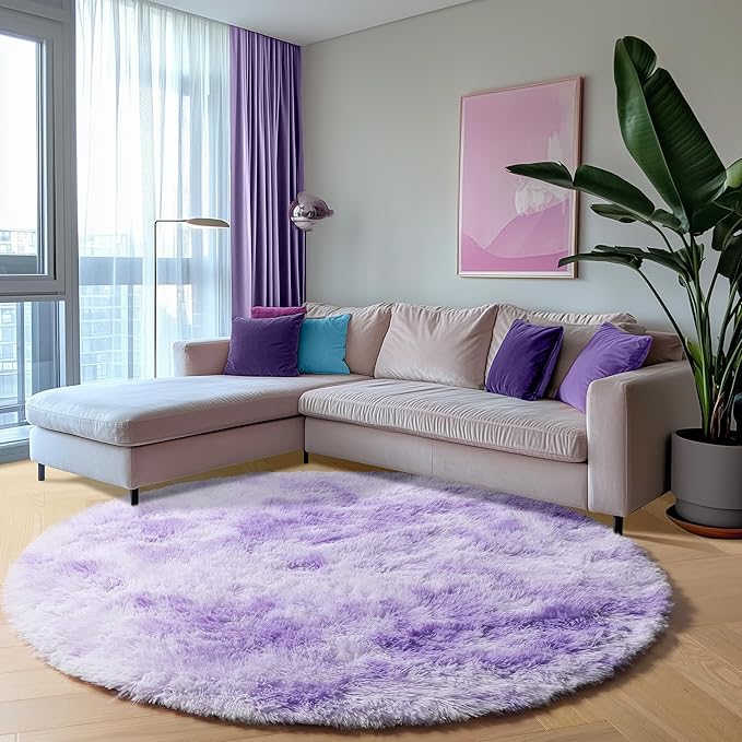 ONASAR Round Rugs 5ft for Bedroom Living Room, Tie-Dyed Purple Fluffy Circle Area Rug for Kids Girls Boys Teen, Soft Plush Shaggy Carpet for Nursery Dorm Classroom Playroom Home Decor Aesthetic