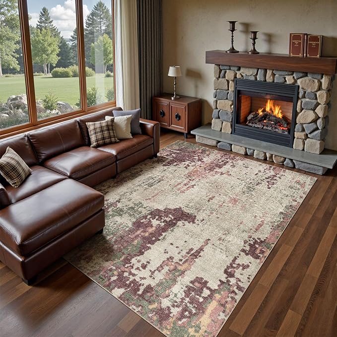 UERMEI 8x10 Area Rug Living Room Rugs - Washable Neutral Modern Abstract Soft Thin Rug Indoor Floor No Slip Rug Carpet for Bedroom Under Dining Table Home Office Decor - Purple/Green/Beige