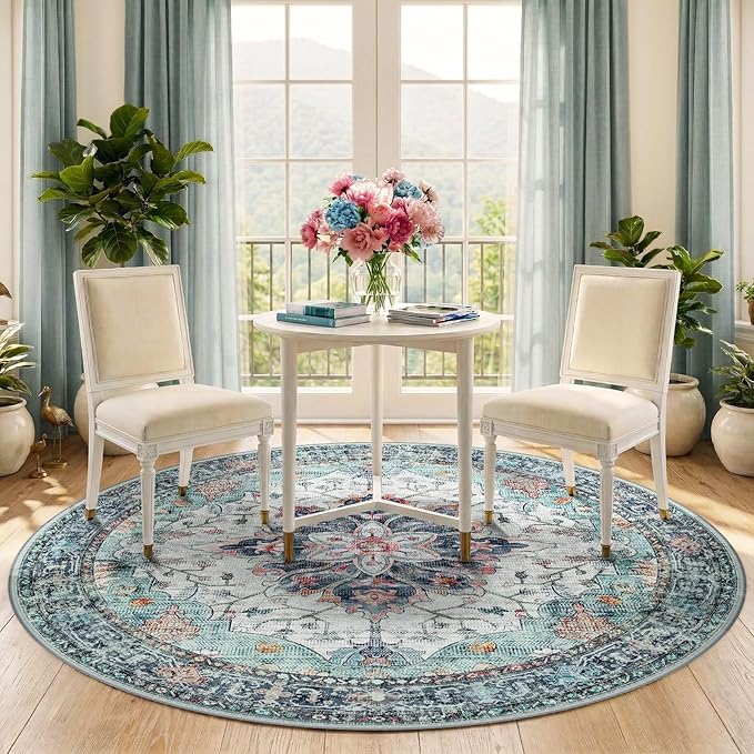 Area Rugs 5ft Washable Non-Slip, Floral Vintage Distress Print Pattern Medallion Carpet for Living Room Bedroom Dining Room, Green Navy Blue White Red Teal Colorful