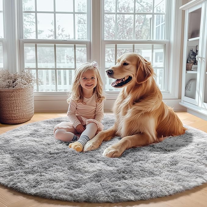 ONASAR Tie-Dyed Light Grey Round Area Rug 4ft, Ultra Soft Bedroom Circle Rugs for Kids Girls Teen Room, Fluffy Plush Shaggy Carpet Floor Mats for Baby Nursery Living Room Playroom Home Decor