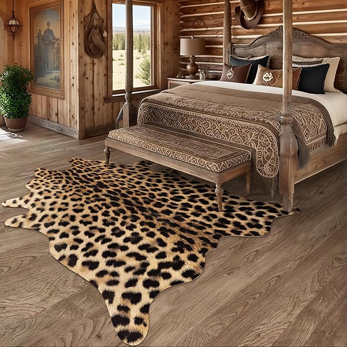 AROGAN Premium Leopard Print Rug 5.2x6.2 Feet, Machine Washable Faux Fur Cheetah Rug, Non-Slip Animal Print Hide Leopard Skin Area Rug for Bedroom Living Room Home Decor