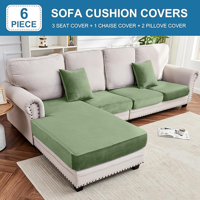 Couch Cover 4-Piece Elastic Velvet Couch Cushion Covers & Chaise Slipcovers for L-Shaped Sofas, Sofa Seat Covers Washable, Soft Cover for Couches (3 Seater + Chaise, Avocado Green)