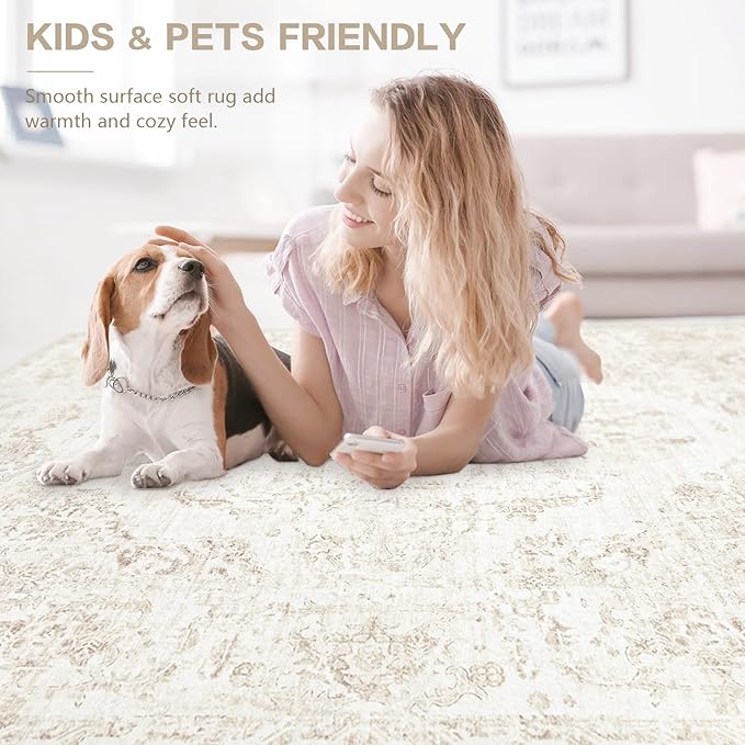 5x7 Area Rugs for Living Room: Washable Rug Vintage Large Rugs Soft Non Slip Low Pile Rug Floral Distressed Floor Carpet for Bedroom Kitchen Nursery Dining Room Home Office (Beige, 5'x7')