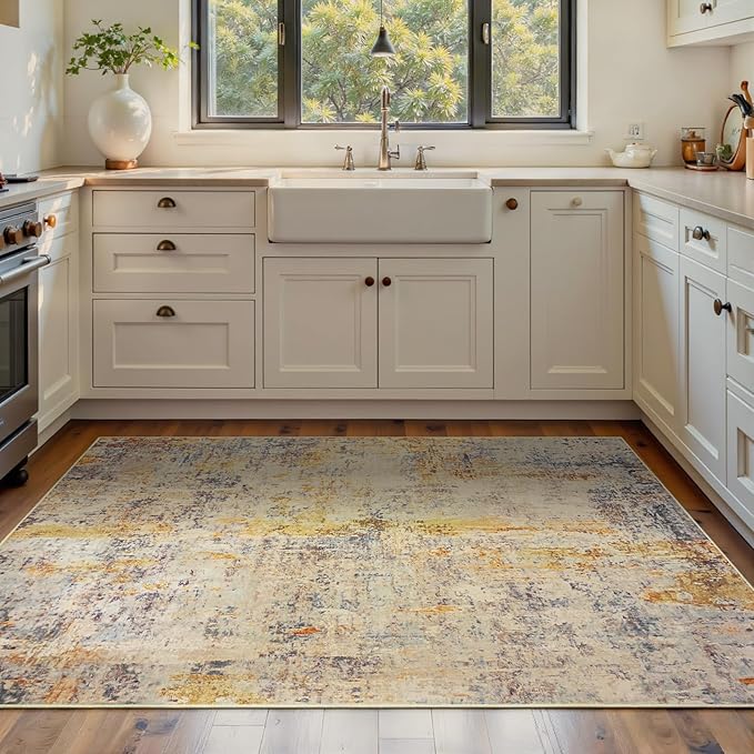 Area Rug 4x6 Beige Rug Washable Boho Rugs Non Slip Low Pile Abstract Small Carpet for Entryway, Bedroom, Kitchen, Classroom, Kids Room, Office, Dorm, Dining Room Light Tan