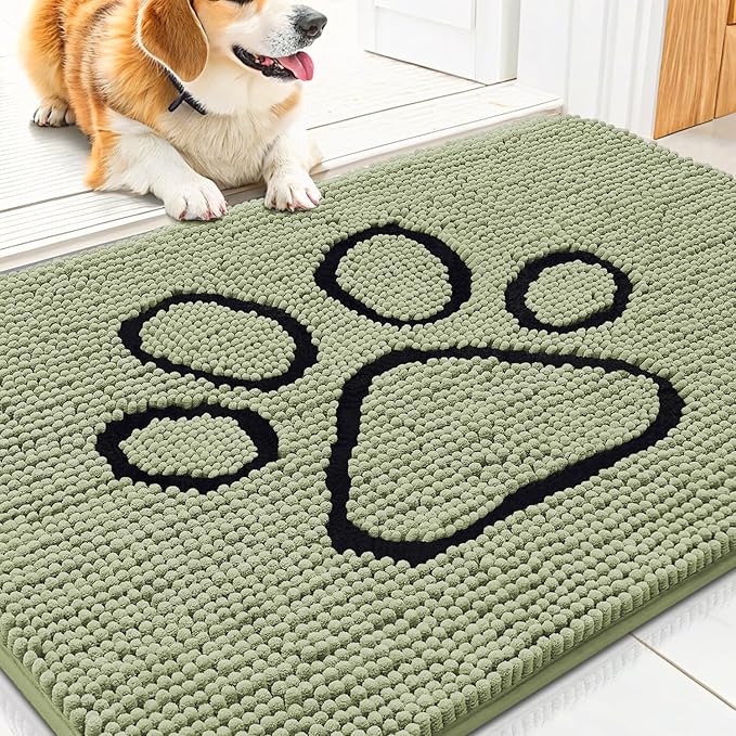 Smiry Dog Door Mat for Muddy Paws, Absorbent Dirt Trapper Non Slip Quick Dry Washable Chenille Mat for Mud Dogs, Entry Rug for Indoor and Outdoor (30x20 Inches, Sage Green and Black)