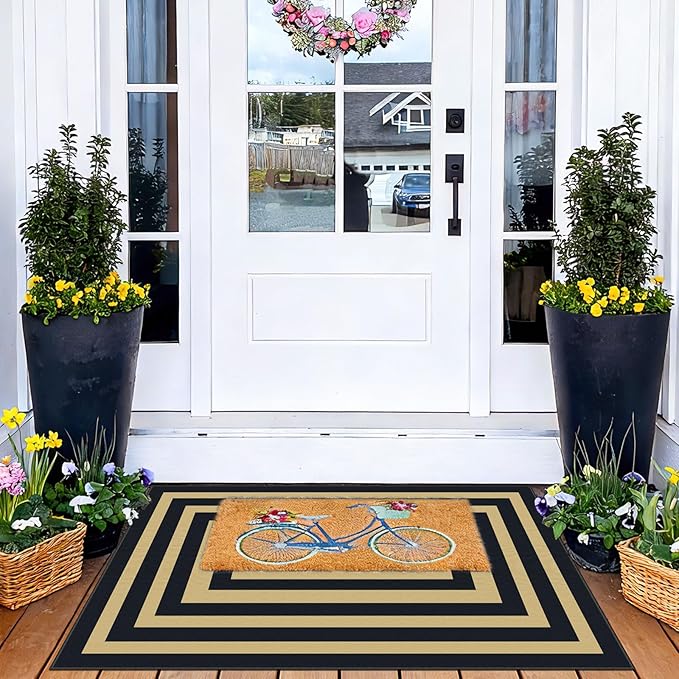 Front Door Mat Outside Entrance - 2x3 Modern Non-Slip Washable Doormat Indoor Outdoor Entrance Black Tan Geometric Bordered Rug Small Throw Rugs for Entryway Bedroom Kitchen Front Porch Decor