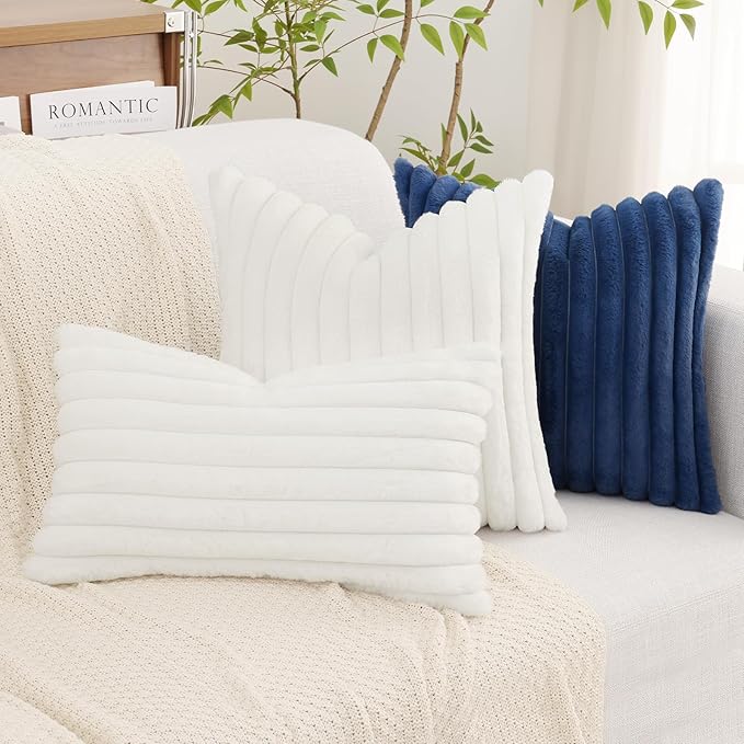 decorUhome Summer Cozy Faux Fur Throw Pillow Covers 18x18 Set of 2 Decorative Soft Plush Striped Modern Farmhouse Boho Couch Pillow Cases with Velvet Back for Sofa Bed Living Room, White