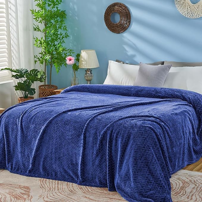 inhand Navy Fleece Twin Blanket, Super Soft Flannel Cozy Blankets for Adults, Lightweight Leaves Pattern Fuzzy Blanket for Couch Sofa Bed Office, Warm Plush Blankets for All Season, 60x90 Inches