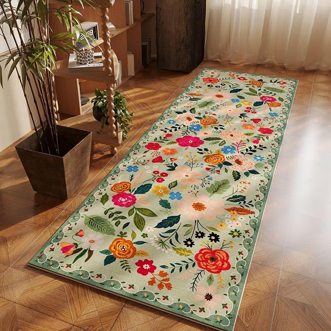 Rugcomf 2x5 Rug Runner - Floral Machine Washable Kitchen Rug, Non-Slip Low Pile Boho Carpet for Hallways, Laundry, Entryway, Bedroom, Bathroom - Green