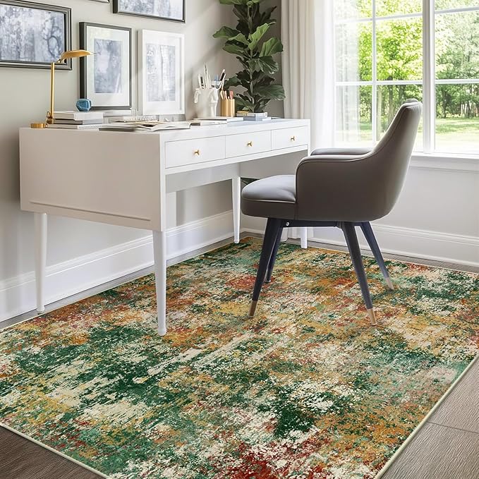 Washable Area Rugs 8'x10' Non-Slip Modern Abstract Soft for Living Room Entryway Bedroom Nursery, Print Pattern, Green Orange Rust Red Cream Colorful