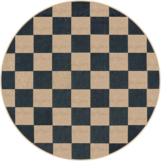 Lahome Colette Checkered 4 ft Easy Jute Round Rug, Washable Small Rugs for Entryway Patio, Farmhouse Non Slip Non Shedding Indoor Outdoor Circle Carpet for Kitchen Porch
