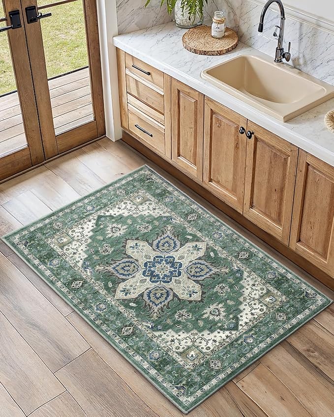 AMADA HOMEFURNISHING 2x3 Washable Area Rug, Low-Profile Entryway Rug with Non-Slip Backing & Durable Edge Binding, Vintage Rug Pattern, Small Rugs for Entryway, Kitchen & Living Room