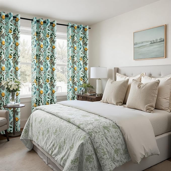 Topfinel 90 Inches Long Curtains Mint Green Whimsical Woodland Leaf Jungle Flower Hummingbird Victorian Grommet Thick Sage Green Curtains for Balcony Sliding Glass Office Bedroom Living Room