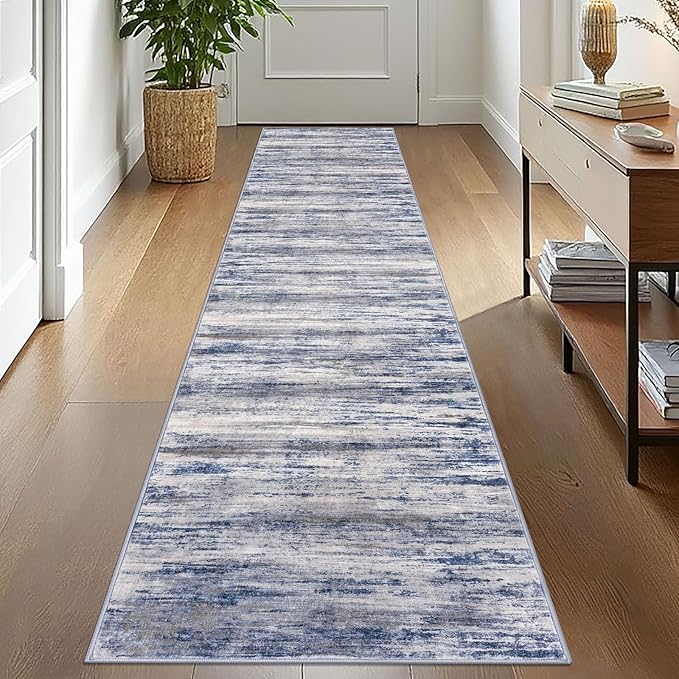 KOZYFLY Modern Abstract Kitchen Runner Rug, 2x10 Washable Rug Runner Non-Slip Soft Striped Hallway Runner Rugs, Grey Blue Print Carpet Runner for Entryway Bathroom Laundry Room Foyer