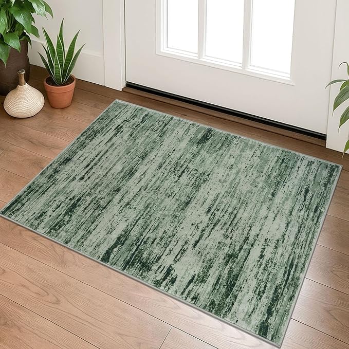 Lansny Modern Abstract Entryway Rug Indoor 2x3 Washable Rug Non-Slip Soft Small Area Rug Forest Green Kitchen Mats Thin Print Faux Wool Floor Carpet Throw Rugs for Entrance Bedroom