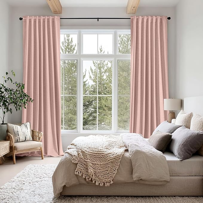 MIULEE 100% Blackout Linen Curtains for Bedroom, Blush Pink Solid Luxury Decor Thermal Insulation Room Darkening Drapes for Living Room Nursery Back Tab Rod Pocket 42 x 90 Inches, 2 Panels