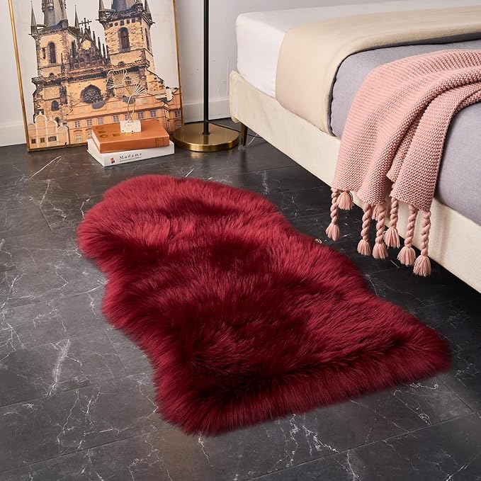 EasyJoy Ultra Soft Fluffy Shaggy Area Rug Faux Fur Rug Chair Cover Seat Pad Fuzzy Area Rug for Bedroom Floor Sofa Living Room (2 x 4 ft Sheepskin, Burgundy)