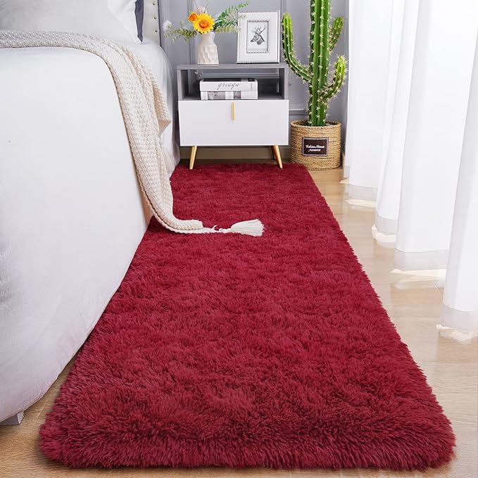 Chicrug Soft Runner Rug for Bedroom Living Room Plush Fluffy Rugs 2x6 Feet, Shag Furry Runner Rug Carpet Non Shedding for Nursery Children Kids Girls Room Home Decorative, Wine Red