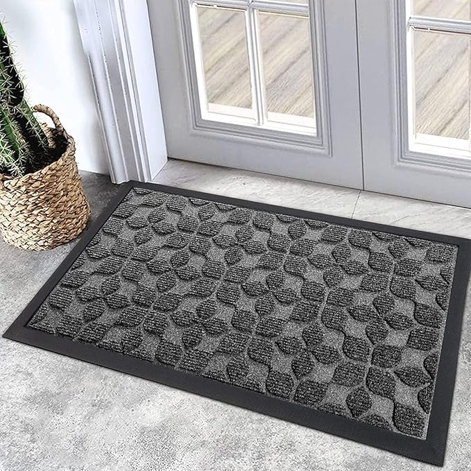 Bulijojo Sturdy Front Entrance Doormats,Durable Heavy Duty Welcome Mat,Thick Absorbent Natural Rubber Non Slip Mat,Easy Clean Entryway Mat 17"x30" Geometric Grey