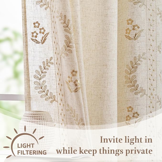 jinchan Belrose Linen Floral Kitchen Curtains 36 inch Length Embroidered Farmhouse Cafe Curtains for Living Room Bathroom Small Windows Curtain Set Sheer Light Filtering 2 Panels Beige
