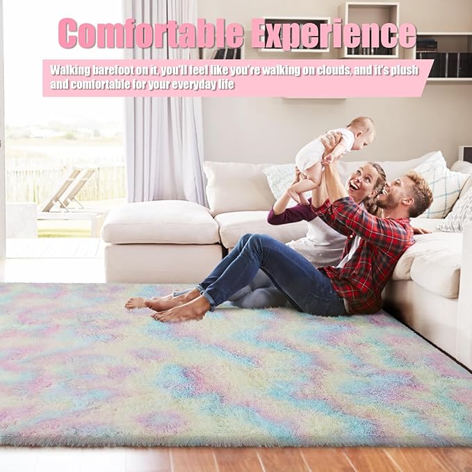 6x9 Fluffy Area Rug for Living Room,Shag Area Rugs for Bedroom,Soft Fuzzy Rug Non-Shedding Indoor Plush Carpet for Kids Bedroom Nursery Dorm Home Decor,Rainbow