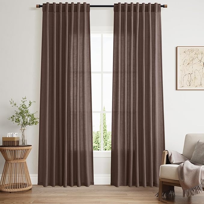 Nanspring Cappuccino Linen Curtains 84 Inch Length 2 Panels Set for Living Room Back Tab Light Filtering Semi Sheer Curtain for Bedroom Simple Style Drapes, 52x84 inch, 2 Panels