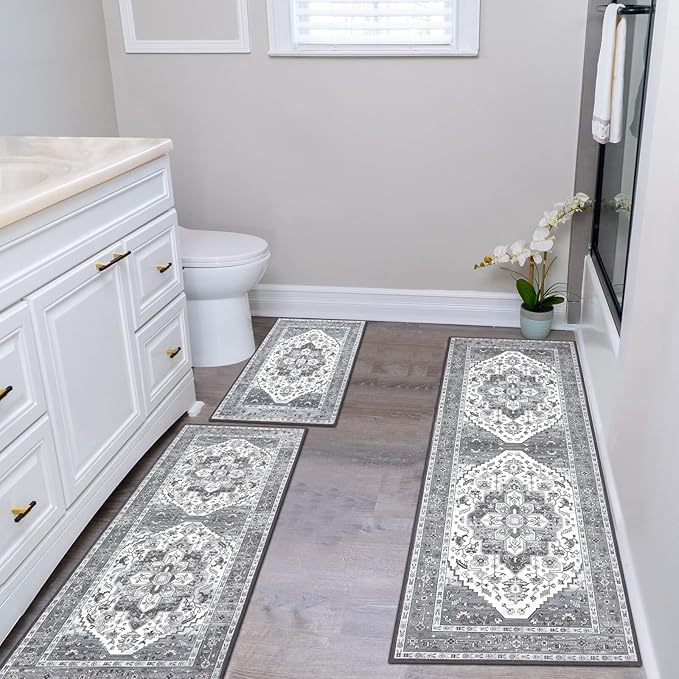 HEBE Boho Kitchen Rug Sets 3 Piece with Runner Non Slip Kitchen Rugs and Mats Washable Kitchen Mats for Floor Thick Kitchen Floor Mat Carpet Runner Rugs for Hallway Laundry Holiday Decor
