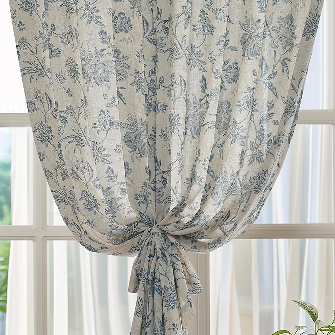 jinchan Linen Floral Curtains for Living Room with Printed Flower 63 Inches Long Light Filtering French Country Back Tab Rod Pocket Blue Window Curtain Set Farmhouse Drapes 2 Panels Blue