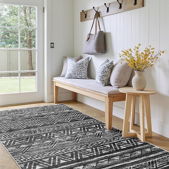 3x5 Washable Entryway Area Rug: Modern Moroccan Small Runner Rug Indoor Soft Non Slip Rug for Living Room Low Pile Thin Floor Carpet for Kitchen Dining Room Bedroom Home Office Decor(3x5,Black)