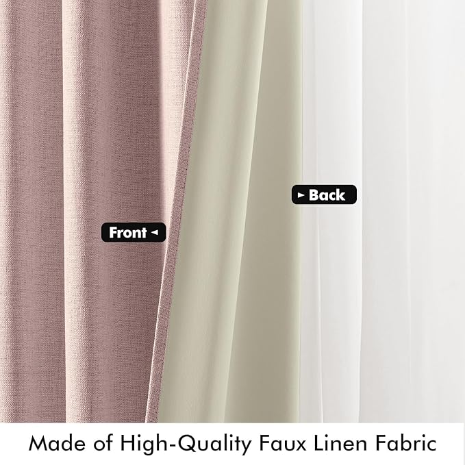 MIULEE 100% Blackout Linen Curtains for Bedroom, Pink Solid Luxury Decor Thermal Insulation Room Darkening Drapes for Living Room Nursery Back Tab Rod Pocket 42 x 96 Inches, 2 Panels