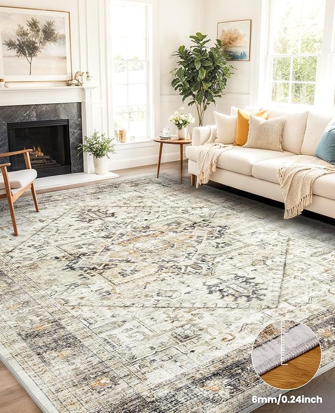 AMADA HOMEFURNISHING 9x12 Washable Area Rug, Low-Profile Large Area Rug with Non-Slip Backing & Durable Edge Binding, Vintage Large Rugs for Living Room, Bedroom & Dinning Room