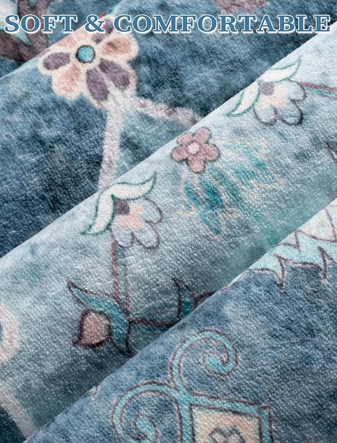 SERISSA Boho Washable Runner Rug, 2'6"x10' Long Non-Slip Vintage Blue Hallway Kitchen Stair Runner Rug Ultra Soft Print Distressed Floor Carpet for Bedroom Bathroom Laundry Room