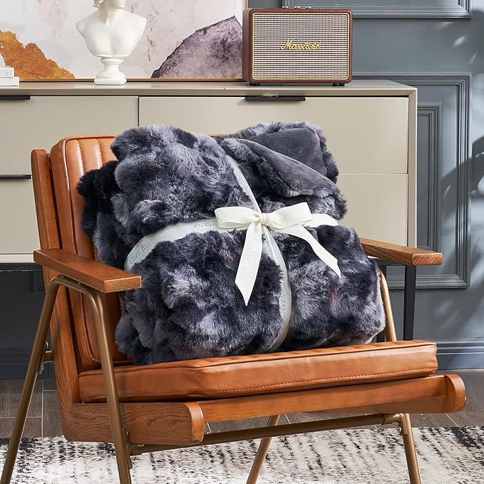 Cozy Bliss Faux Fur Throw Blanket for Bed King Size, Fuzzy Soft Plush Thick Bubble Blanket for Sofa Bedroom Living Room, 108 * 90 Inches Tie Dye Black