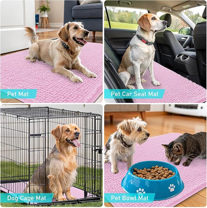 OLANLY Dog Door Mat for Muddy Paws 59x24, Absorbs Moisture and Dirt, Absorbent Non-Slip Washable Doormat, Quick Dry Chenille Mud Mat for Dogs, Entry Indoor Entryway Carpet for Inside Floor, Pink
