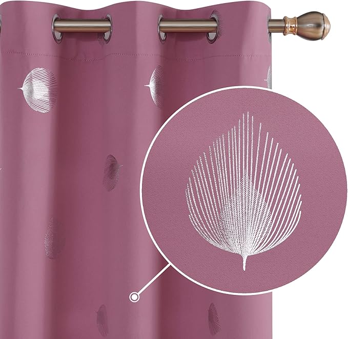 Deconovo Blackout Curtains Thermal Insulated Palm Fan Foil Print Grommet Room Darkening Curtain for Kids Bedroom 42 x 63 Inch Pink 2 Panels