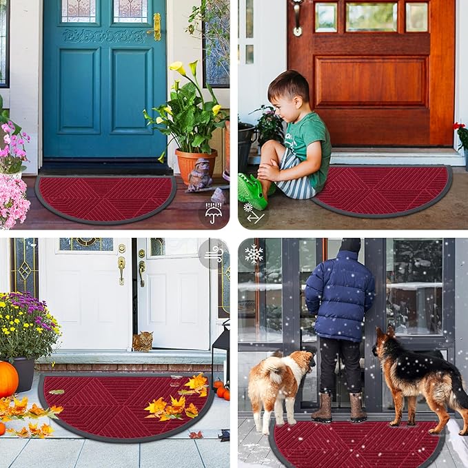 Smiry Half Circle Front Door Mat Outside Entrance, Heavy Duty Sturdy Natural Rubber Doormat, Trap Dirt and Moisture, Low Profile Mats for Indoor Outdoor Entry, Irregular Triangle (29.5x17, Wine Red)